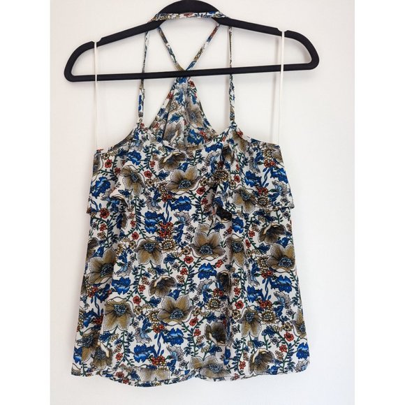 Lily White Floral Blue/Olive/Orange Spaghetti Strap Halter Top  Size Small - Picture 4 of 6